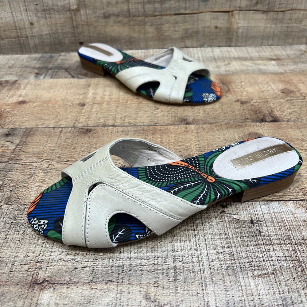 Kenneth Cole Womens Beige Leather Slide Low Heel Sandals Size 8.5